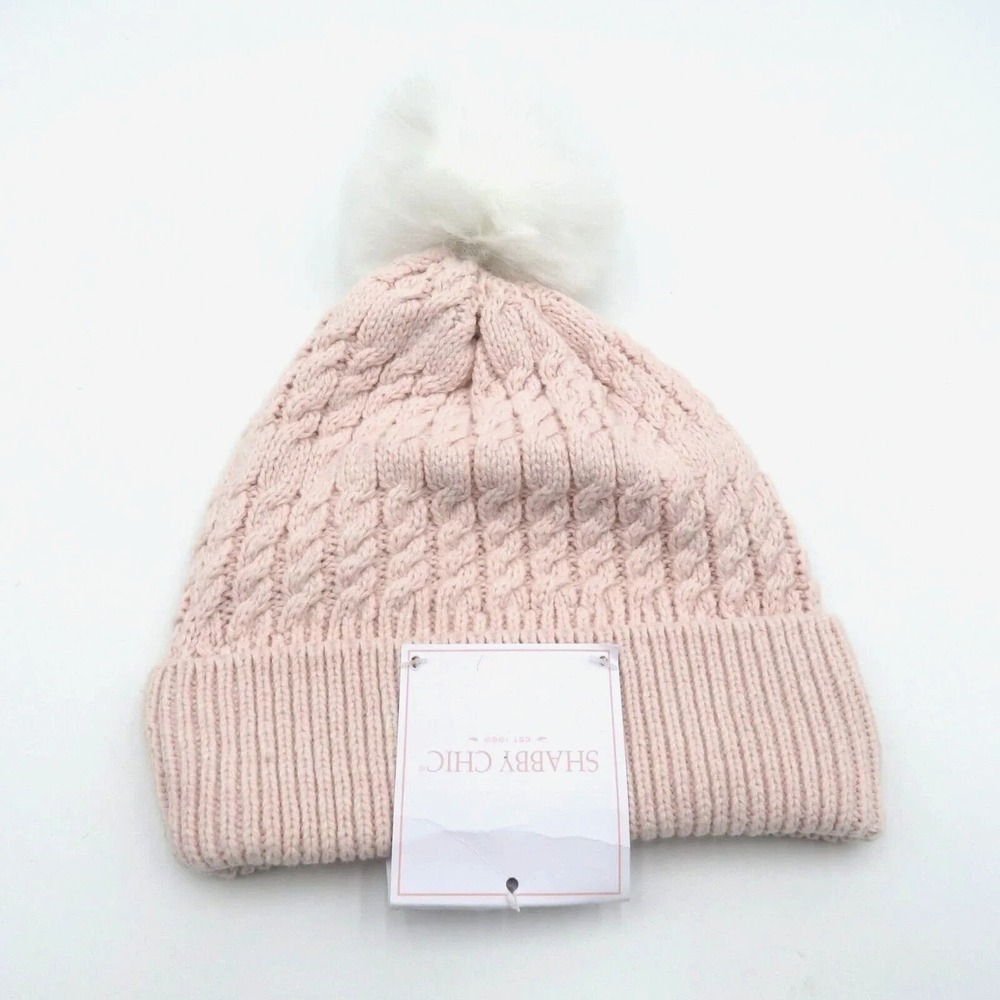 Shabby‎ Chic Hat Beanie Womens Pink Cable Knit Pom Pom Winter Soft Fuzzy
